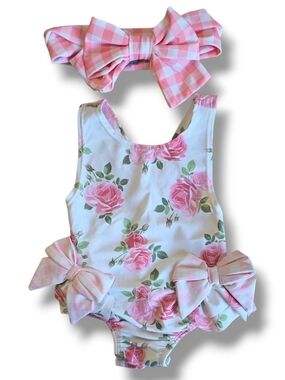Mud Pie Baby Girl Floral Swimsuit & Headband Set - 6-9 Months